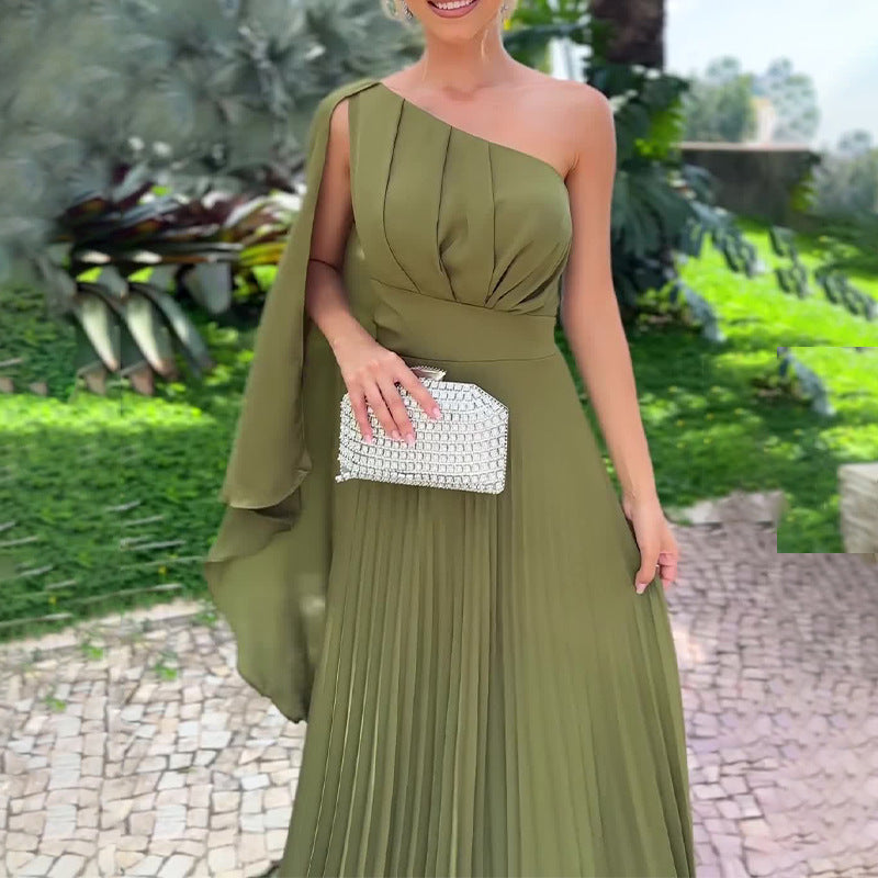 Lamoderoyale™ | Eleganza Tek Omuz Pileli Saten Abiye Elbise – Zeytin Yeşili