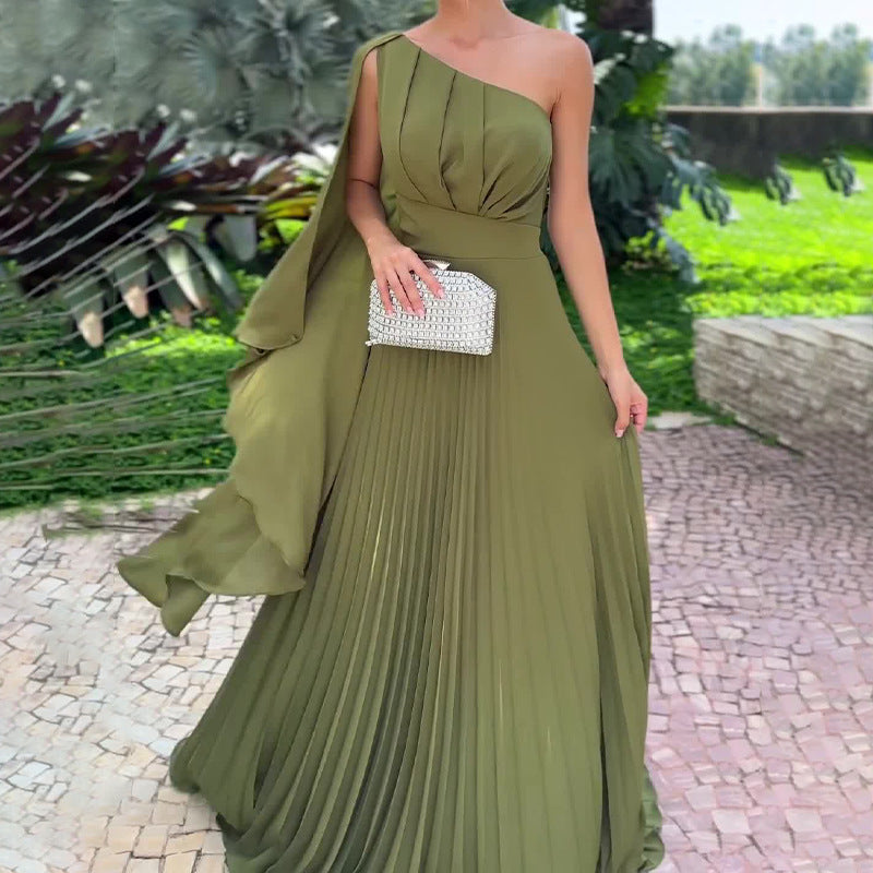 Lamoderoyale™ | Eleganza Tek Omuz Pileli Saten Abiye Elbise – Zeytin Yeşili