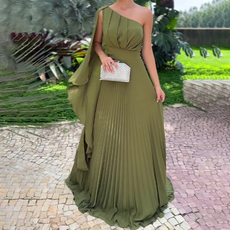 Lamoderoyale™ | Eleganza Tek Omuz Pileli Saten Abiye Elbise – Zeytin Yeşili
