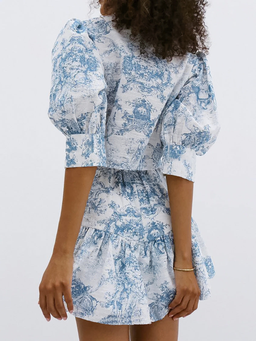Lamoderoyale™ | Bleu Toile Takım – 2 Parça Vintage Desenli Mini Etek & Gömlek Seti
