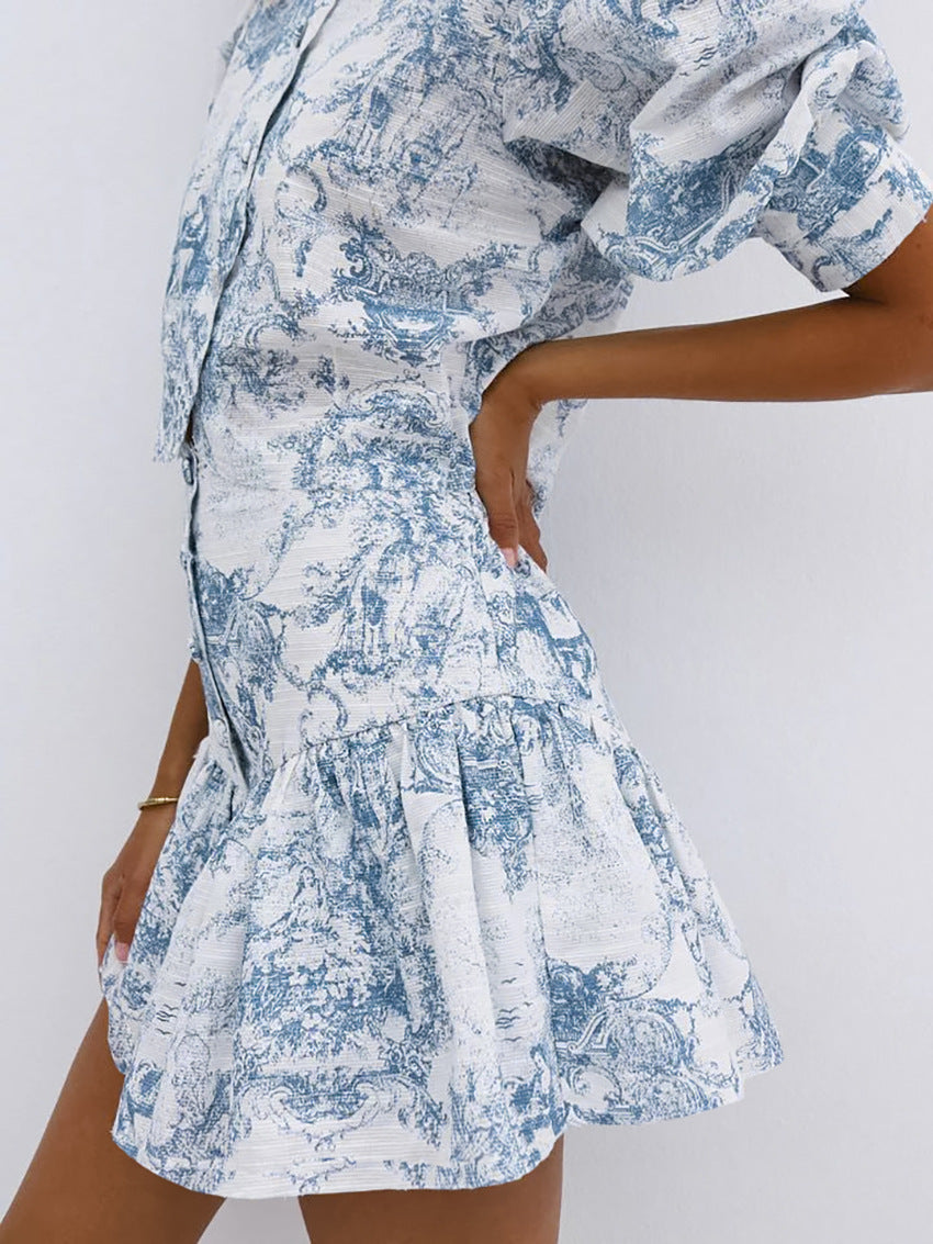 Lamoderoyale™ | Bleu Toile Takım – 2 Parça Vintage Desenli Mini Etek & Gömlek Seti
