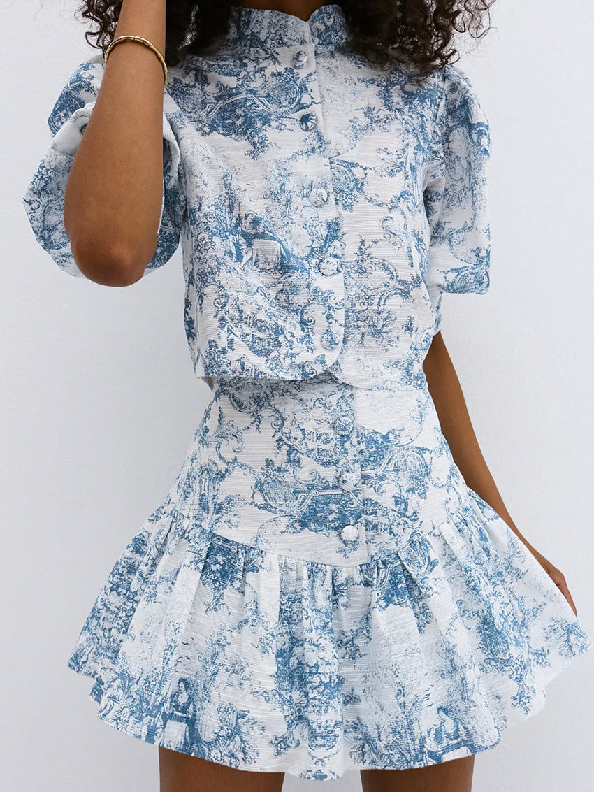 Lamoderoyale™ | Bleu Toile Takım – 2 Parça Vintage Desenli Mini Etek & Gömlek Seti