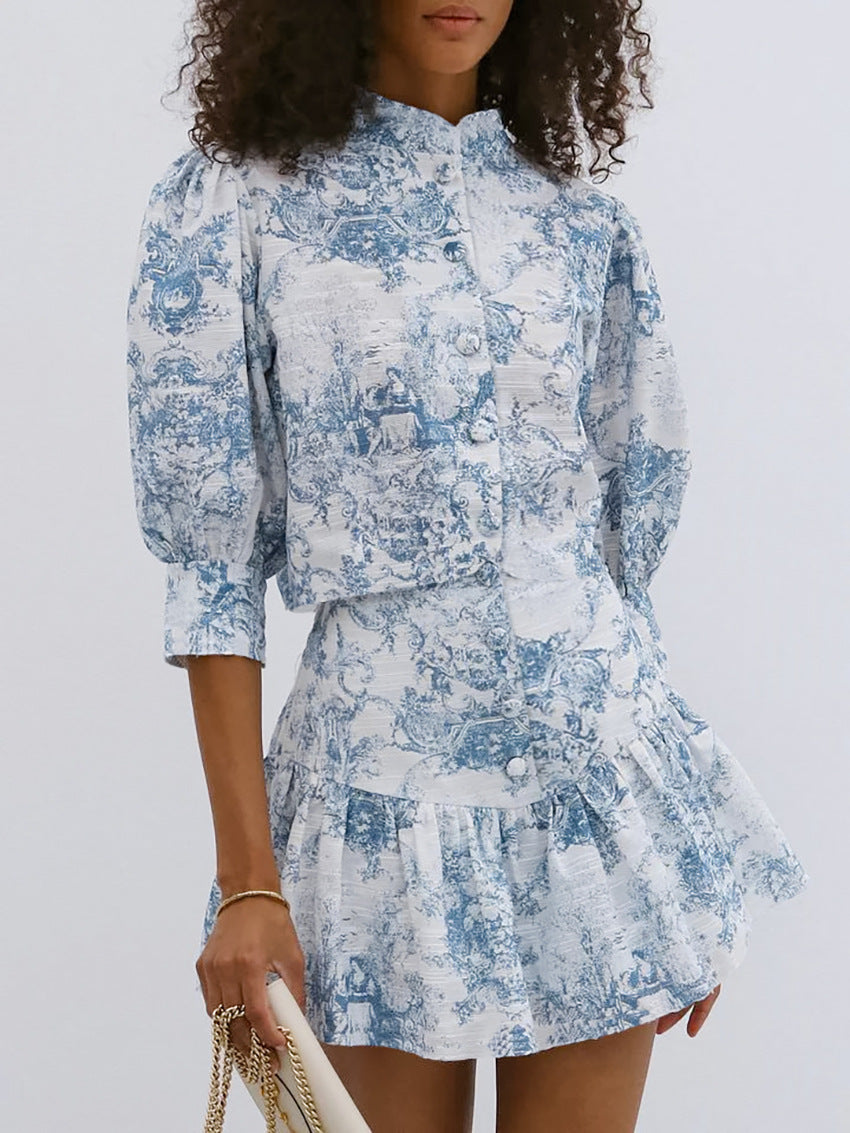 Lamoderoyale™ | Bleu Toile Takım – 2 Parça Vintage Desenli Mini Etek & Gömlek Seti